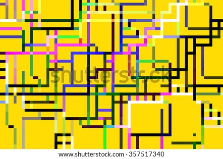 Multicolored flippable abstract of asymmetric network grid on bright yellow, for decoration and backgrounds with motifs of variation or interconnectedness