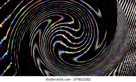 Multi-colored flying, rotating and glowing particles form lines, symmetrical structures. Fantastic 3d abstract background. For holiday presentations, ceremonies, nightclub. Isolated black background.