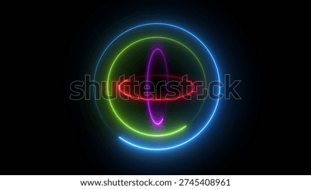Multicolored glowing circular and elliptical light trails forming an abstract atomic orbit on a dark background