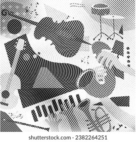 Multicolored hand-drawn jazz music session poster with piano, sax, guitar, trumpet and violoncello. Artsy promo flyer or invitation. Concert event doodle background with musical instruments - Powered by Shutterstock