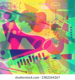 Multicolored hand-drawn jazz music session poster with piano, sax, guitar, trumpet and violoncello. Artsy promo flyer or invitation. Colorful concert event doodle background with musical instruments - Powered by Shutterstock