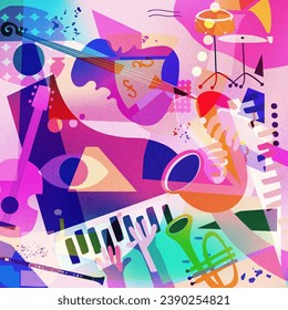 Multicolored hand-drawn jazz music session poster with piano, sax, guitar, trumpet and violoncello. Artsy promo flyer or invitation. Colorful concert event doodle background with musical instruments - Powered by Shutterstock