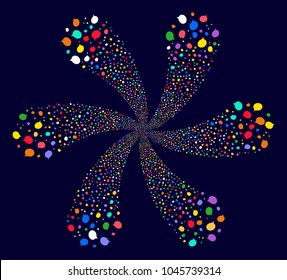 Multicolored Hint spiral flower with 6 petals on a dark background. Psychedelic flower done from scatter hint items.