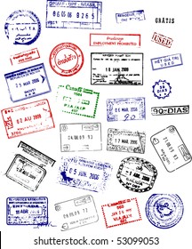 Multicolored International Passport Stamps On A White Background