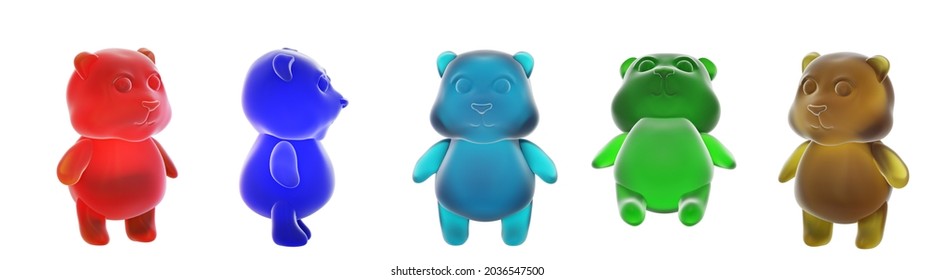 Multicolored Jelly Bean Bears Isolated On A White Background. Jelly Bears Fruit Gummy. Gummy Bear Candy, 3d Render