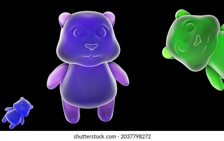 Multicolored Jelly Bean Bears Isolated On A Black Background. Jelly Bears Fruit Gummy. Gummy Bear Candy, 3d Render