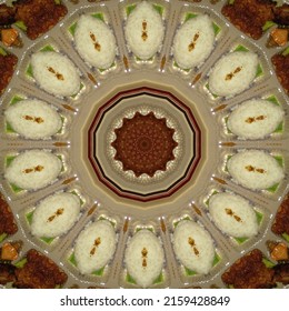 Multicolored Kaleidoscope Texture. Unique Kaleidoscope Design Pattern. Kaleidoscope Background In The Shape Of Flowers And Food.