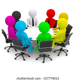 Multicolored people sitting at a round table. Isolated render on a white background