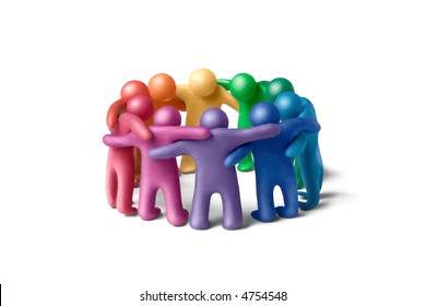Multicolored plasticine human figures organized in a circle