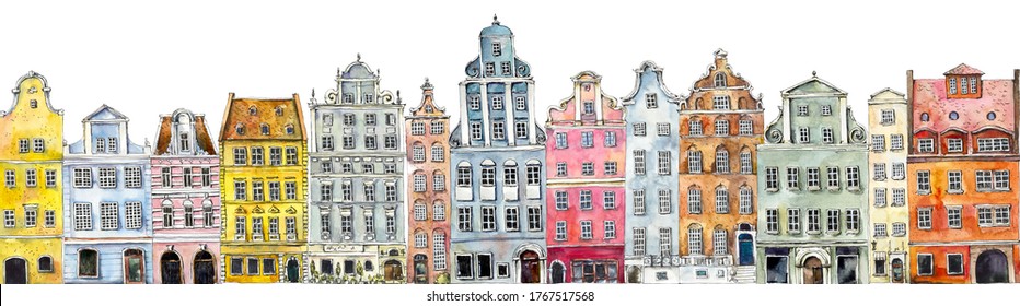 Multi-colored retro and vintage old-fashioned houses. Amsterdam. Watercolor hand drawing illustration