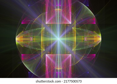 Multicolored round pattern of curved waves and rays on a black background. Abstract fractal 3D rendering - Shutterstock ID 2177500573