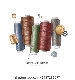 Multi-colored sewing threads with needles, pins, buttons and a gold thimble. Colored yarn used by a seamstress. Watercolor illustration. For background design, banner, packaging, card
