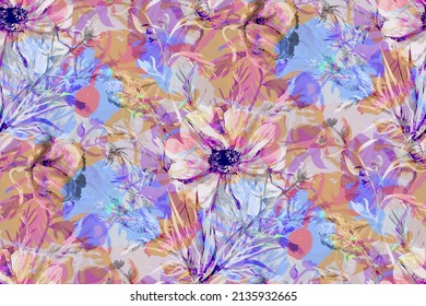 Multicolored summer pattern with poppy flowers and herbs. Seamless botanical pattern. Mix of colorful silhouettes for textiles and design