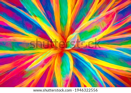 Multicolored top-down abstract close-up of succulent garden plant with tapered leaves and radial symmetry, with digital painting effects. 3D rendering.
