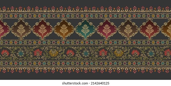 Multicoloured Ethnic Style Border With Supporting Borders For Suits And Sarees Digital Textile Printing 