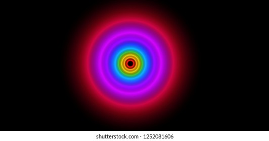 Multicolr neon glowing concentric circles on black background. Isolated object. Starburst. Abstract psychedelic illustration with shiny lights. Blur neon effect. Background with lens flares