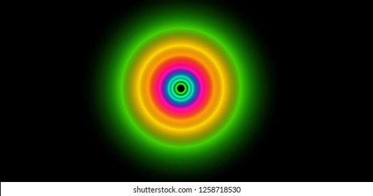 Multicolr neon glowing concentric circles on black background. Isolated object. Starburst. Abstract psychedelic illustration with shiny lights. Blur neon effect. Background with lens flares