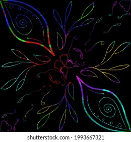 Multicolred lines on black background, with details of leaves and butterflies, abstract nature 