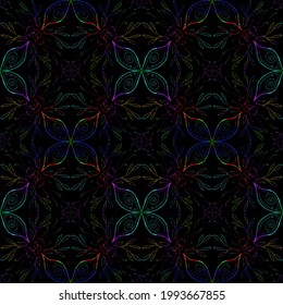 Multicolred lines on black background, with details of leaves and butterflies, abstract nature