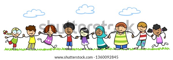 Multicultural Children Kindergarten Hold Hands Nature Stock ...