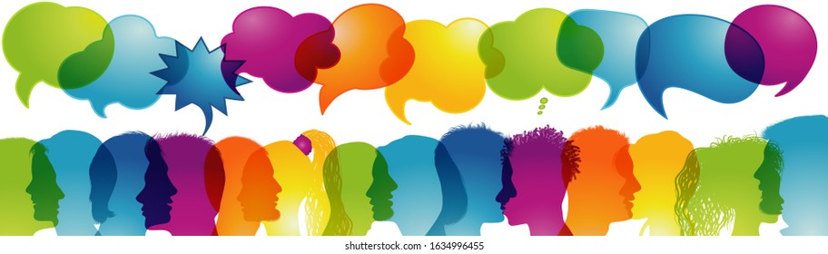 Multicultural communication.Speech bubble.Dialogue group diverse multiethnic people.Speak.Sharing ideas - thoughts.Communicating talking.Social network.Socializing and informing.Rainbow colors