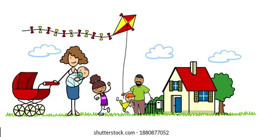 Multicultural Family With A Baby In Front Of The House Playing And Flying Kites