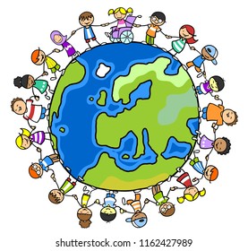 Multicultural group of children hold hands around a world globe as integration and inclusion concept