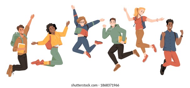 Multicultural Students Jumping, Happiness Success, Happy Young People, Flat Cartoon. University Students Or College And School Friends Jump Up With Raised Hands And Happy Smiles Of Celebration