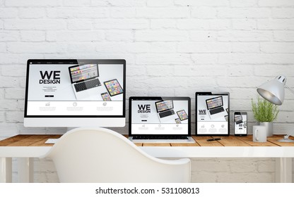 multidevice desktop with web design website on screens. 3d rendering.