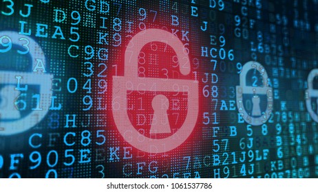 A multidimensional 3d rendering of a computer screen put aslant with blue coded formulas and texts in the black background. A big red padlock is located in the center.