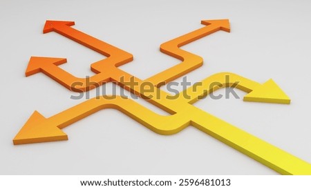 Multi-directional arrows on white background. Choose between multiple possible options and future scenarios. 3d rendering.