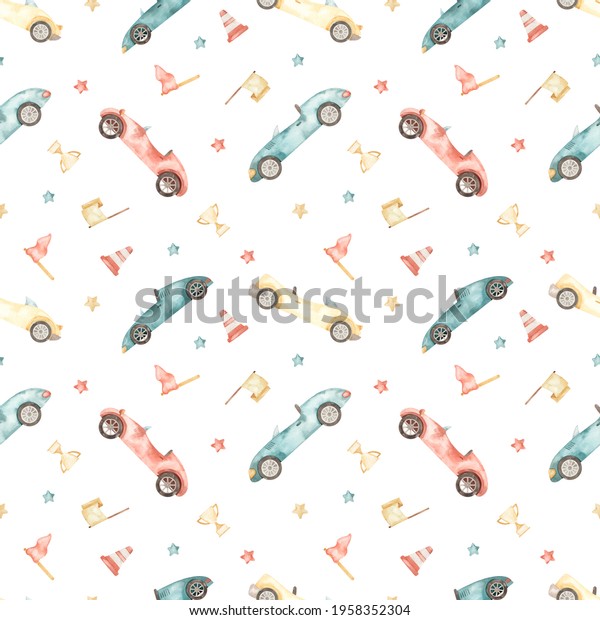 Multidirectional colored\
racing cars, trophy, flags, stars on a white background. Watercolor\
seamless\
pattern