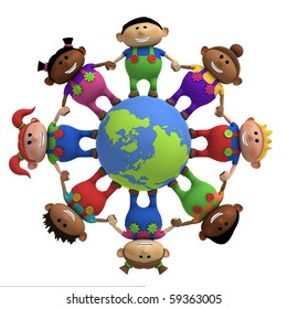 multi-ethnic cartoon kids holding hands around a globe -  3d rendering/illustration