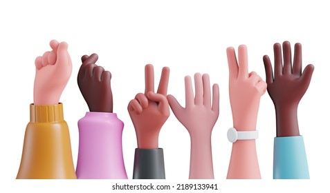 Multi-ethnic and diverse hand raised together against white background. Concept of teamwork community, cooperation, diverse culture, racial equality and oneness. 3D rendering - Powered by Shutterstock