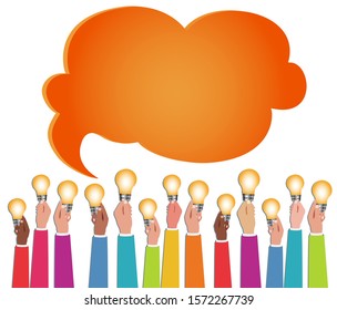 Multiethnic People Who Communicate Online Via Web. Sharing Ideas. Hands With Light Bulbs. Communication And Discussion Community Social Network. Connection Diversity Groups Of People Or Friends