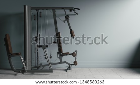 Multifunctional gym machine. Modern Gym machine on wall background. Multifunctional gym machine in interior. 3d illustration of gym machine