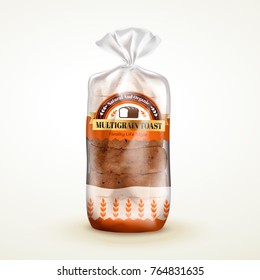 Multi-grain Toast Package Design, Plastic Bag Package With Bread In It, 3d Illustration On Beige Background