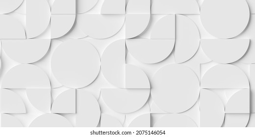 Multi-layer white circles or cylinders background wallpaper banner pattern from circles, semicircles and quadrants, 3D illustration