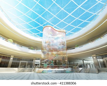 Multilevel Megamall Hall. Transparent Roof And Fountain. Decorative Glass Stele With Multi-colored Balls. 3D Render.