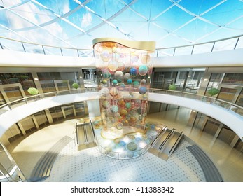 Multilevel Megamall Hall. Transparent Roof And Fountain. Decorative Glass Stele With Multi-colored Balls. 3D Render.