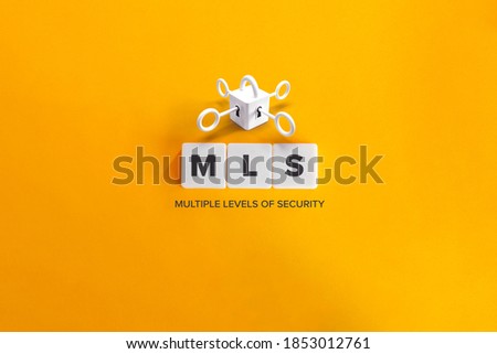 Multilevel Security or Multiple Levels of Security (MLS) banner. Block Letters on Bright Yellow Orange Background. Partially 3D Illustration.
