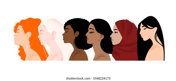 Multinational Different Women Beauties, African, Asian, European, Arab, Indian, Albino, Brave And Strong Women Support Each Other, Female Friendship. Struggle For Rights, Independence, Equality.