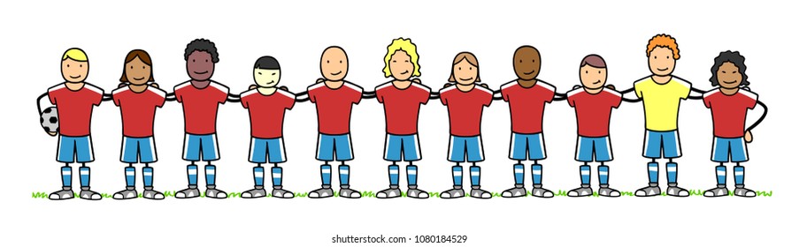 Multinational And Interracial Cartoon Football And Soccer Team As A Group In A Pre Match Photo Lineup