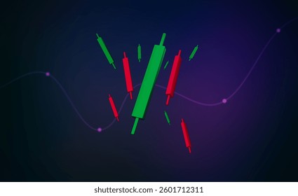 Multiple 3D forex candlesticks presented in vibrant style. Dark purple background. Modern playful design. Conceptual image of the volatility of the stock market. F