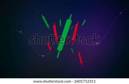 Multiple 3D forex candlesticks presented in vibrant style. Dark purple background. Modern playful design. Conceptual image of the volatility of the stock market. F
