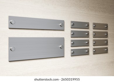 Multiple blank metal signs on light wooden wall in hallway perspective, clean design mockup for office nameplates or branding. 3D Rendering