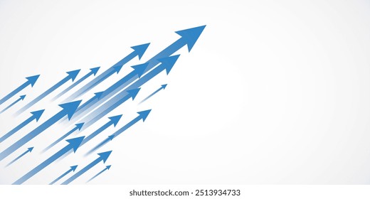 Multiple blue arrows pointing upward on a clean white background, symbolizing growth, progress, and success in business and leadership. 3D Rendering