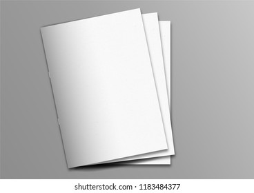 Multiple Brochure Magazine Stacked White Cover Mockup On Grey Background, Pinned Book, Flat Lay, Add Your Design