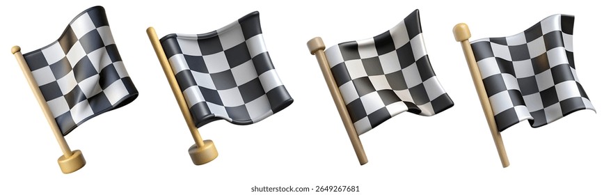 Multiple checkered flags are displayed prominently, waving in the air. They signify the conclusion of a thrilling race, indicating winners and festivities.