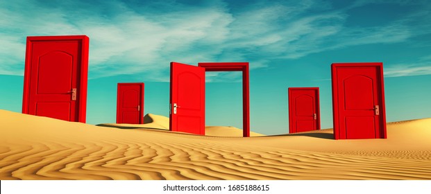 Multiple Closed Doors In The Desert With One Open . This Is A 3d Render Illustration . 